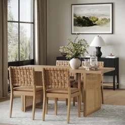 Rattan Boho Dining Table Set of 4 w/ Faux Leather Chairs
