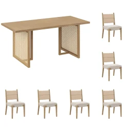 Rattan Dining Table with Flax Upholstered Chairs Set of 6