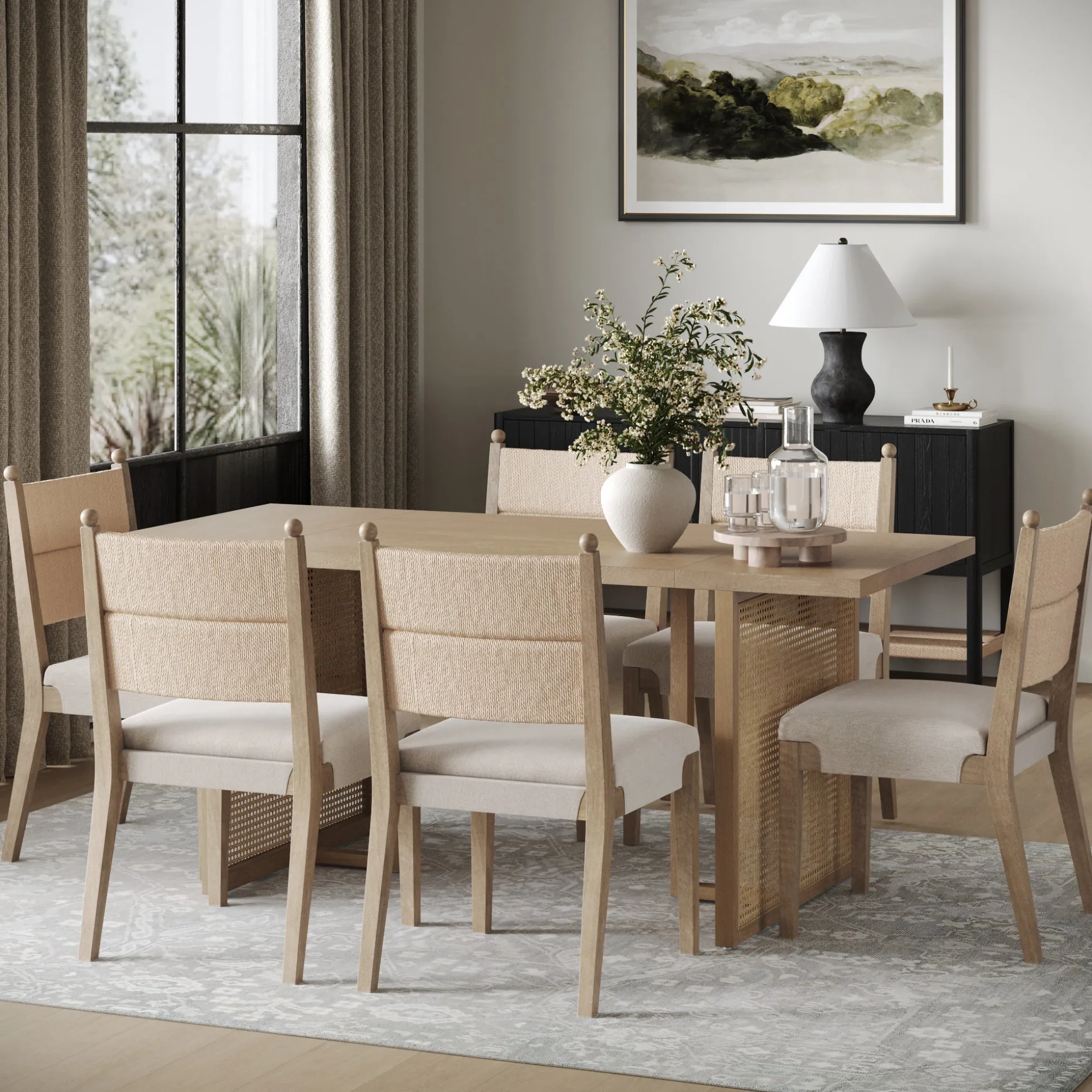Rattan Dining Table with Flax Upholstered Chairs Set of 6