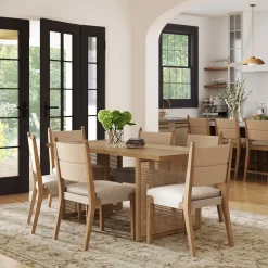 Rattan Dining Table with Flax Upholstered Chairs Set of 6