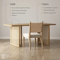 Rattan Dining Table with Flax Upholstered Chairs Set of 6
