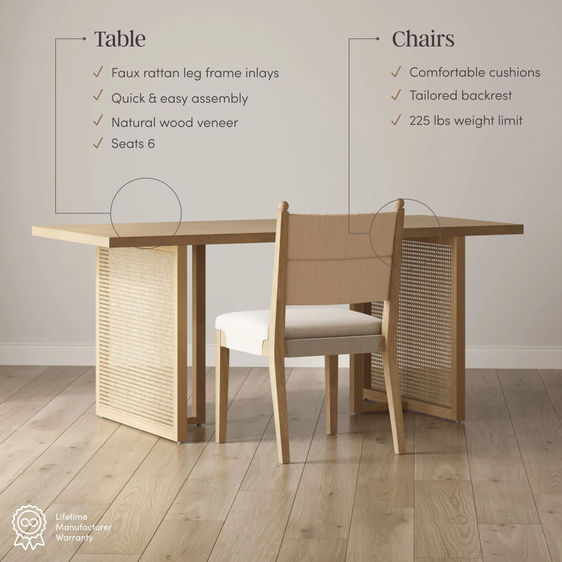 Rattan Dining Table with Flax Upholstered Chairs Set of 6