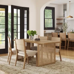 Rattan Dining Table with Flax Upholstered Chairs Set of 4