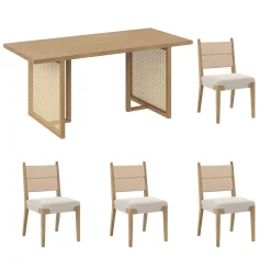 Rattan Dining Table with Flax Upholstered Chairs Set of 4