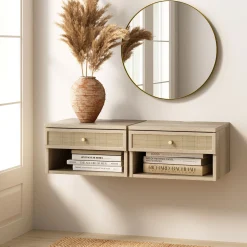 Rattan Floating Nightstand Light Oak (Set of 2)
