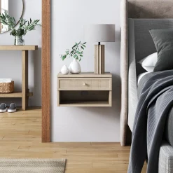 Rattan Floating Nightstand Light Oak (Set of 2)
