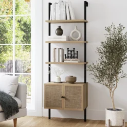 Rattan Ladder Storage Bookshelf with Doors Light Oak