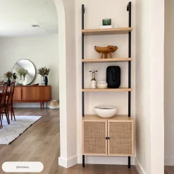 Rattan Ladder Storage Bookshelf with Doors Light Oak