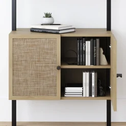 Rattan Ladder Storage Bookshelf with Doors Light Oak