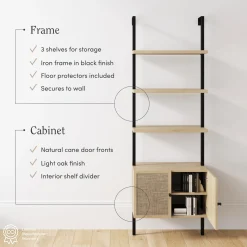 Rattan Ladder Storage Bookshelf with Doors Light Oak