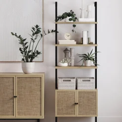 Rattan Ladder Storage Bookshelf with Doors Light Oak