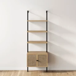 Rattan Ladder Storage Bookshelf with Doors Light Oak