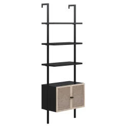 Rattan Ladder Storage Bookshelf with Doors Black