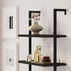 Rattan Ladder Storage Bookshelf with Doors Black