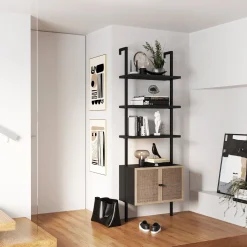 Rattan Ladder Storage Bookshelf with Doors Black