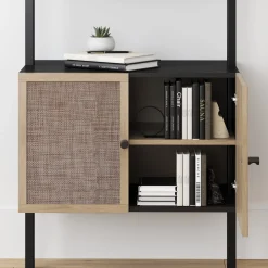 Rattan Ladder Storage Bookshelf with Doors Black