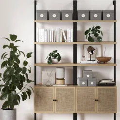 Rattan Ladder Wall Bookshelves with Doors Light Oak (Set of 2)