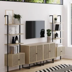 Rattan Ladder Wall Bookshelves with Doors Light Oak (Set of 2)