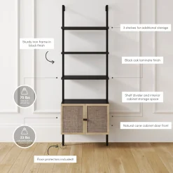 Rattan Ladder Wall Bookshelves with Doors Black (Set of 2)