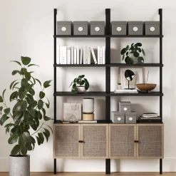 Rattan Ladder Wall Bookshelves with Doors Black (Set of 2)