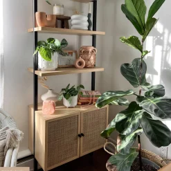 Rattan Ladder Wall Bookshelves with Doors Light Oak (Set of 3)