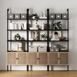 Rattan Ladder Wall Bookshelves with Doors Black (Set of 3)