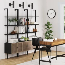 Rattan Ladder Wall Bookshelves with Doors Black (Set of 3)