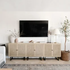 Rattan Storage Cabinet Credenza Oak (Set of 2)