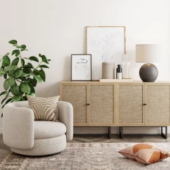 Rattan Storage Cabinet Credenza Oak (Set of 2)
