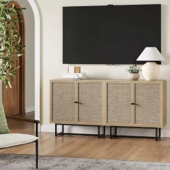 Rattan Storage Cabinet Credenza Oak (Set of 2)