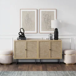 Rattan Storage Cabinet Credenza Oak (Set of 2)