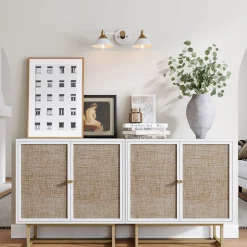 Rattan Storage Cabinet Credenza White (Set of 2)