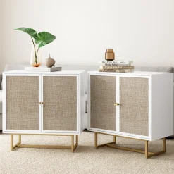 Rattan Storage Cabinet Credenza White (Set of 2)