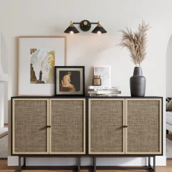 Rattan Storage Cabinet Credenza Black (Set of 2)
