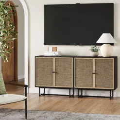 Rattan Storage Cabinet Credenza Black (Set of 2)