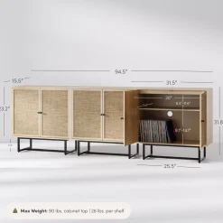 Rattan Storage Cabinet Credenza Oak (Set of 3)