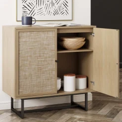 Rattan Storage Cabinet Credenza Oak (Set of 3)