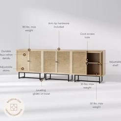 Rattan Storage Cabinet Credenza Oak (Set of 3)