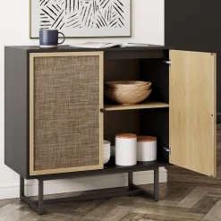 Rattan Storage Cabinet Credenza Black (Set of 3)