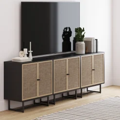 Rattan Storage Cabinet Credenza Black (Set of 3)