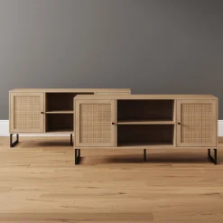 Rattan TV Console Credenza Light Oak (Set of 2)
