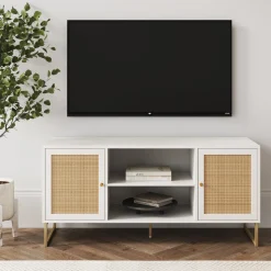 Rattan & Wood 2-Door TV Cabinet White