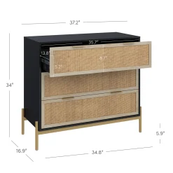 Rattan & Wood 3-Drawer Dresser Black