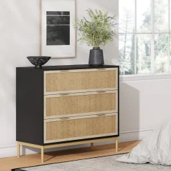 Rattan & Wood 3-Drawer Dresser Black