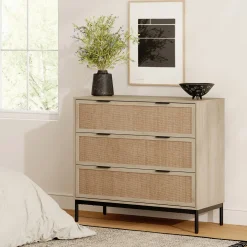 Rattan & Wood 3-Drawer Dresser Light Oak