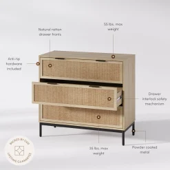Rattan & Wood 3-Drawer Dresser Light Oak