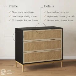 Rattan & Wood 3-Drawer Dressers Black (Set of 2)