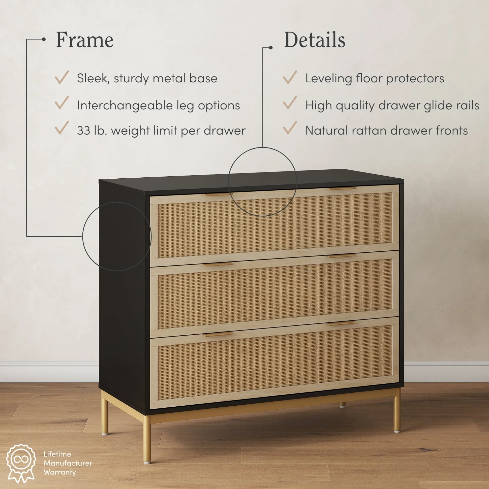 Rattan & Wood 3-Drawer Dressers Black (Set of 2)
