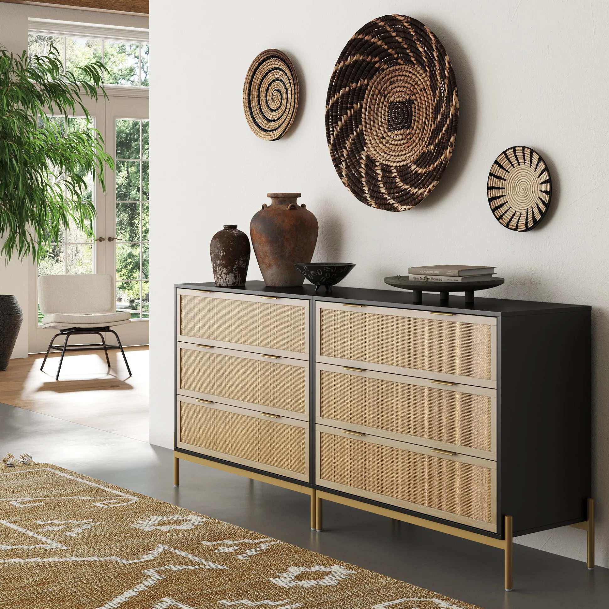 Rattan & Wood 3-Drawer Dressers Black (Set of 2)