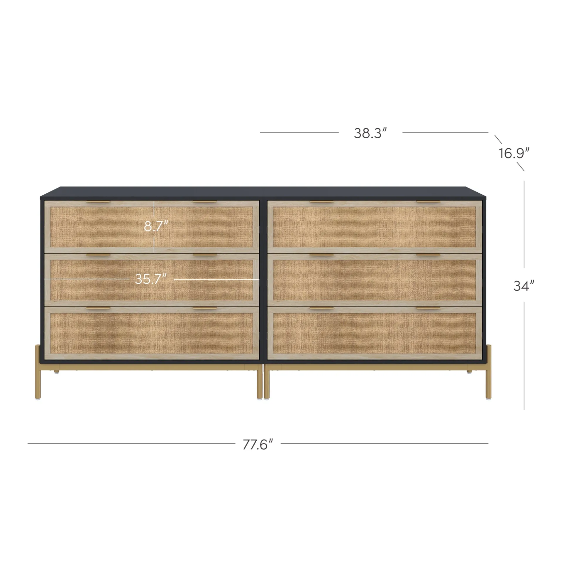 Rattan & Wood 3-Drawer Dressers Black (Set of 2)